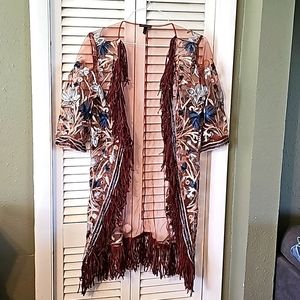 Sheer embroidered duster with fringe